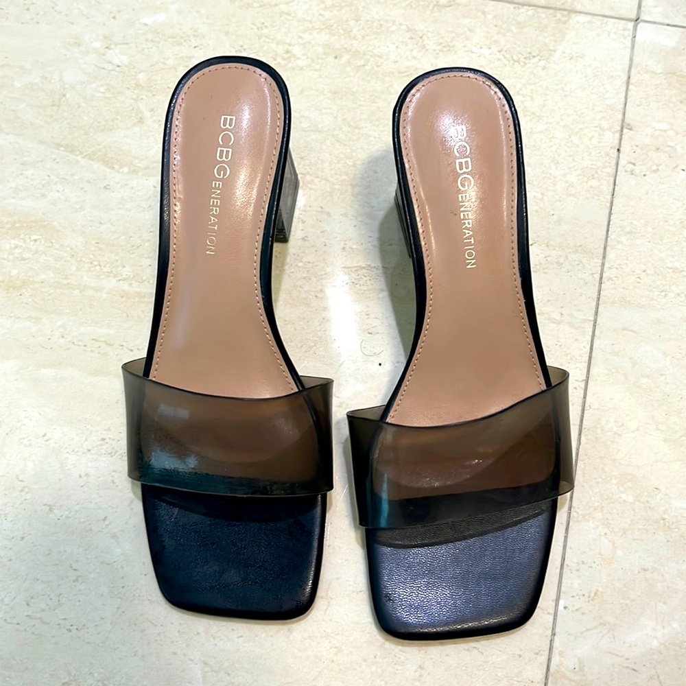 BCBG Low heel clear black sandals.